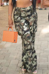 Camouflage Casual Camouflage Print Patchwork Buttons Zipper Loose Mid Waist Straight Full Print Bottoms