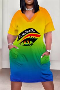 Multicolor Casual Letter Eyes Printed Lips Pocket V Neck Short Sleeve Plus Size Dresses
