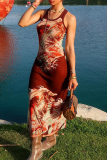 Red Street Print Patchwork O Neck Long Dresses