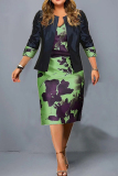 Green Casual Print Patchwork Three Quarter Two Pieces