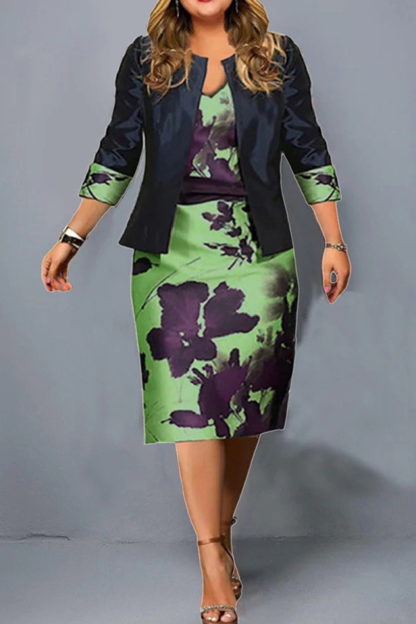 Green Casual Print Patchwork Three Quarter Two Pieces