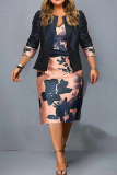 Green Casual Print Patchwork Three Quarter Two Pieces