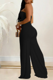 Black Elegant Solid Hollowed Out Patchwork Strapless Regular Jumpsuits