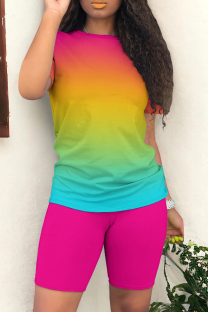 Rainbow Color Casual Gradient Patchwork O Neck Short Sleeve Two Pieces