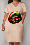 Colour Casual Letter Eyes Printed Lips Pocket V Neck Short Sleeve Plus Size Dresses