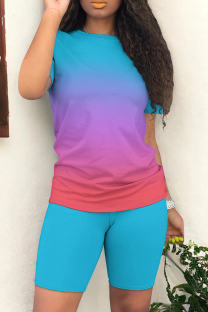 Blue Orange Casual Gradient Patchwork O Neck Short Sleeve Two Pieces