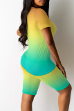 Green Yellow Casual Gradient Print Contrast O Neck Short Sleeve Two Pieces