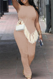 Pink Casual Solid Tassel Patchwork Asymmetrical O Neck Sleeveless Two Pieces