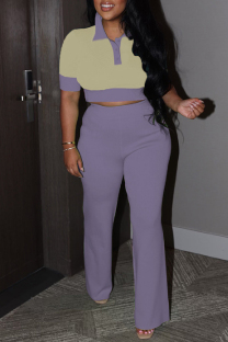 Purple Casual Patchwork Contrast Turndown Collar Short Sleeve Two Pieces