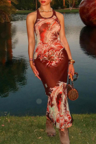 Red Street Print Patchwork O Neck Long Dresses