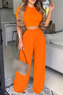 Orange Casual Solid Basic O Neck Short Sleeve Two Pieces