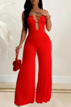 Red Elegant Solid Hollowed Out Patchwork Strapless Regular Jumpsuits