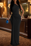 Red Elegant Solid Patchwork Fold Oblique Collar Long Dresses