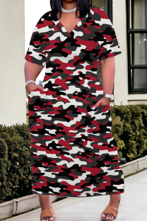 Red Casual Camouflage Print Patchwork V Neck Straight Plus Size Dresses