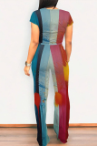Multi-color Casual Street Gradient Print Pocket Contrast O Neck Short Sleeve Two Pieces
