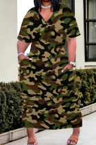Camouflage Casual Camouflage Print Patchwork V Neck Straight Plus Size Dresses
