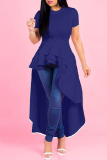 Blue Casual Solid Asymmetrical O Neck Short Sleeve Short Sleeve Dress