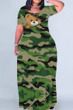Army Green Casual Camouflage Print Animal Patchwork O Neck Printed Dresses