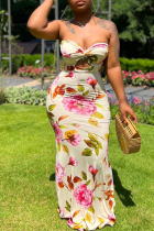Cream White Elegant Print Hollowed Out Patchwork Backless Strapless Long Dresses