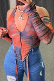 Colour Street Print Hollowed Out Patchwork Zipper Halter Tops