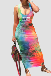 Multicolor Street Letter Tie Dye Patchwork U Neck Long Dresses