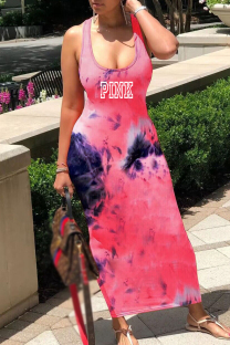 Red Street Letter Tie Dye Patchwork U Neck Long Dresses
