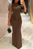 Coffee Casual Solid Basic O Neck Long Dresses