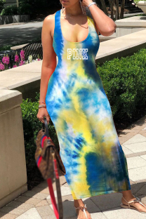 Yellow Street Letter Tie Dye Patchwork U Neck Long Dresses