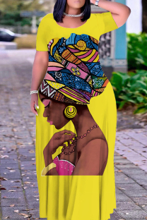 Yellow Casual Print Figure Patchwork O Neck Printed Dresses