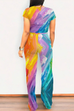 Multi-color Casual Street Gradient Print Pocket Contrast O Neck Short Sleeve Two Pieces
