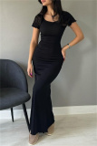 Coffee Casual Solid Basic V Neck Long Dresses