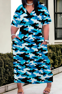 Blue Casual Camouflage Print Patchwork V Neck Straight Plus Size Dresses