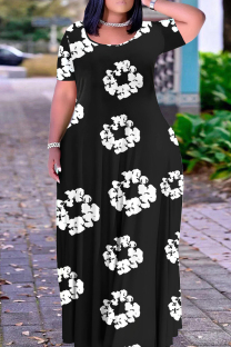 Black Casual Print Figure Patchwork O Neck Printed Dresses