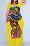 Yellow Casual Print Figure Patchwork O Neck Printed Dresses