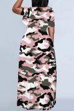 Pink Casual Camouflage Print Animal Patchwork O Neck Printed Dresses