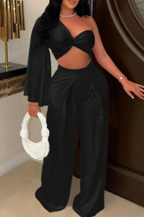 Black Elegant Solid Hollowed Out Patchwork Fold Long Sleeve Two Pieces