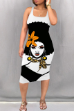 White Black Casual Print Patchwork Square Collar Wrapped Skirt Dresses