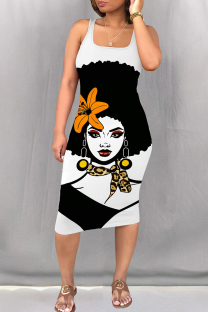 White Black Casual Print Patchwork Square Collar Wrapped Skirt Dresses