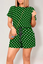 Green Casual Print Polka Dot Draw String Contrast O Neck Loose Rompers