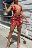 Red Sexy Print Bandage Hollowed Out Patchwork Backless Halter Wrapped Skirt Dresses