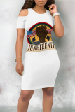White Brown Casual Letter Print Flowers O Neck Printed Dresses
