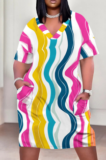 Colour Casual Print Patchwork Pocket V Neck Straight Plus Size Dresses