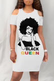 White Brown Casual Letter Print Flowers O Neck Printed Dresses