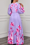 Light Purple Elegant Print Patchwork Fold V Neck Long Dresses