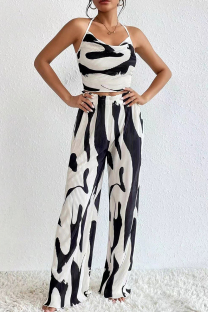 Black Casual Print Patchwork Backless Fold Halter Sleeveless Two Pieces