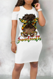 White Brown Casual Letter Print Flowers O Neck Printed Dresses