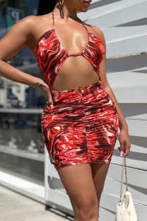 Red Sexy Print Bandage Hollowed Out Patchwork Backless Halter Wrapped Skirt Dresses