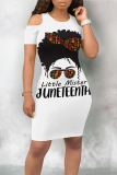 White Brown Casual Letter Print Flowers O Neck Printed Dresses