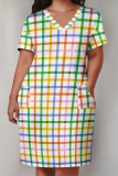 Light Color Casual Print Patchwork Pocket V Neck Straight Plus Size Dresses