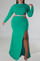 Green Elegant Hollowed Out Patchwork High Opening Zipper O Neck Long Plus Size Dresses
